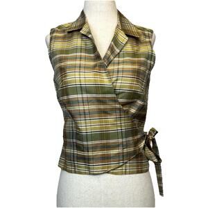 Vintage Y2K Ann Taylor Plaid Silk Wrap Vest Size 2 Waist Tie Preppy Business